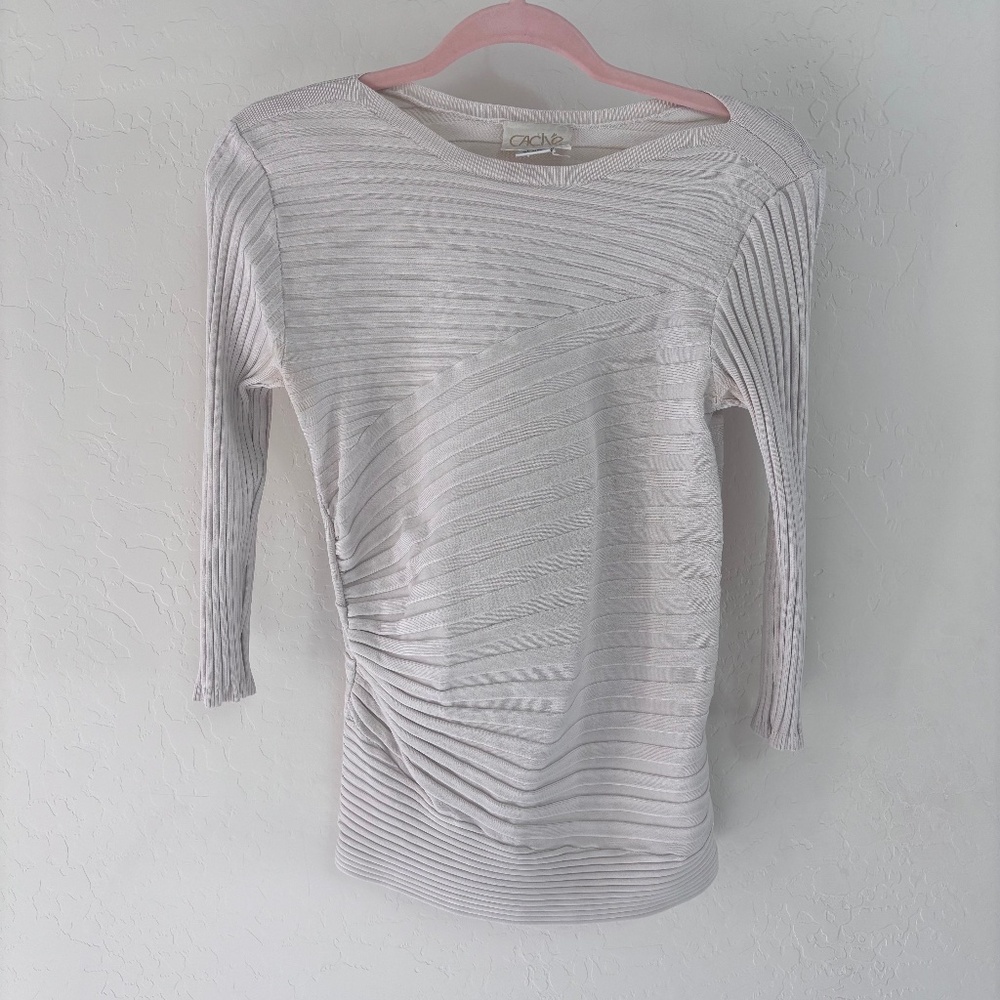 Cache Boatneck Sweater in Cream with Tonal‎ Asymmetric Stripes. Size L.